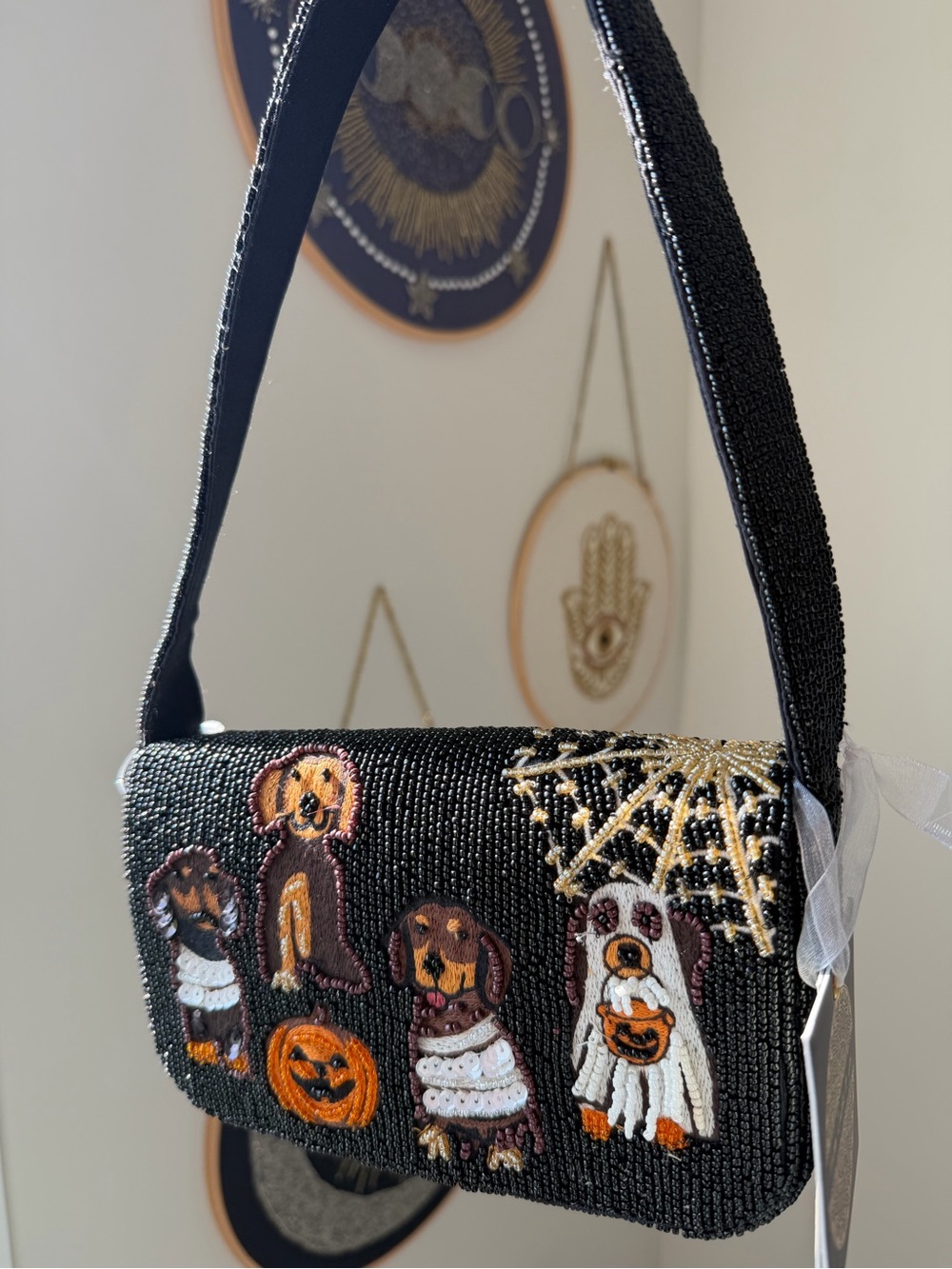 Beaded Black Halloween Dogs Shoulder Bag